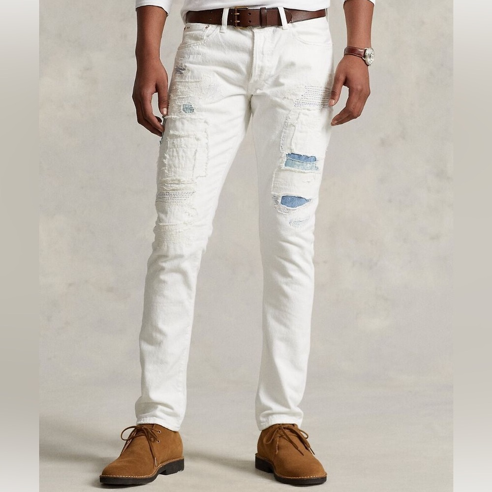 Polo Ralph Lauren Mens White Sullivan Slim Ripped Distressed Patchwork Jeans